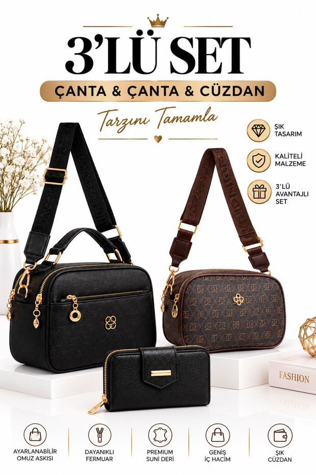 Women's Black Hand and Shoulder Bag with Three Compartments and Black and Brown Pattern + Wallet Card Holder