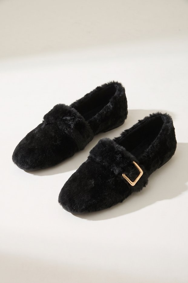 Women's Black Plush Fur Rubber Buckle Flat Sole Daily Home Slippers and Slippers