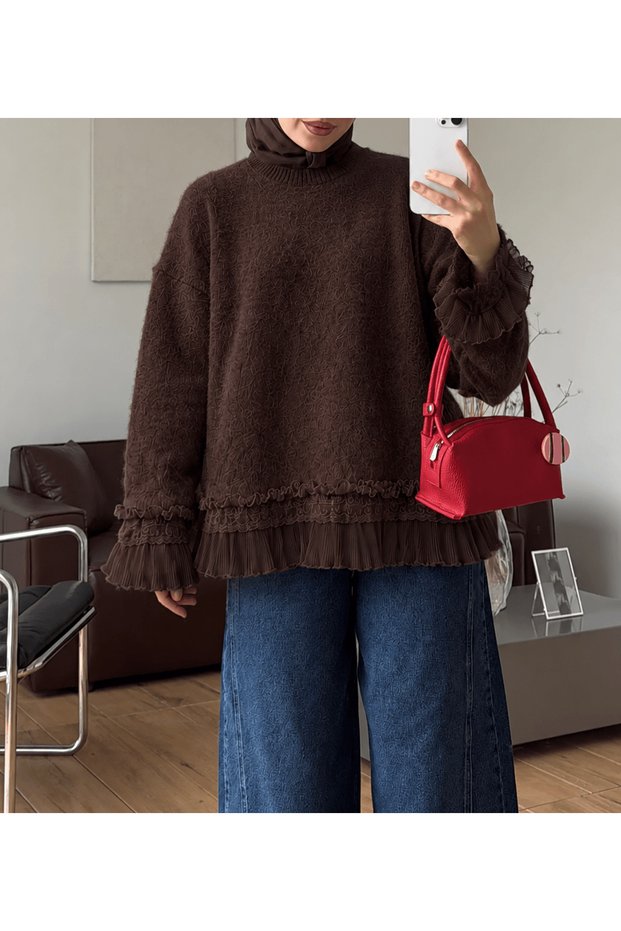 Ruffle Detailed Angora Sweater - 2905 - Bitter Brown (Os)