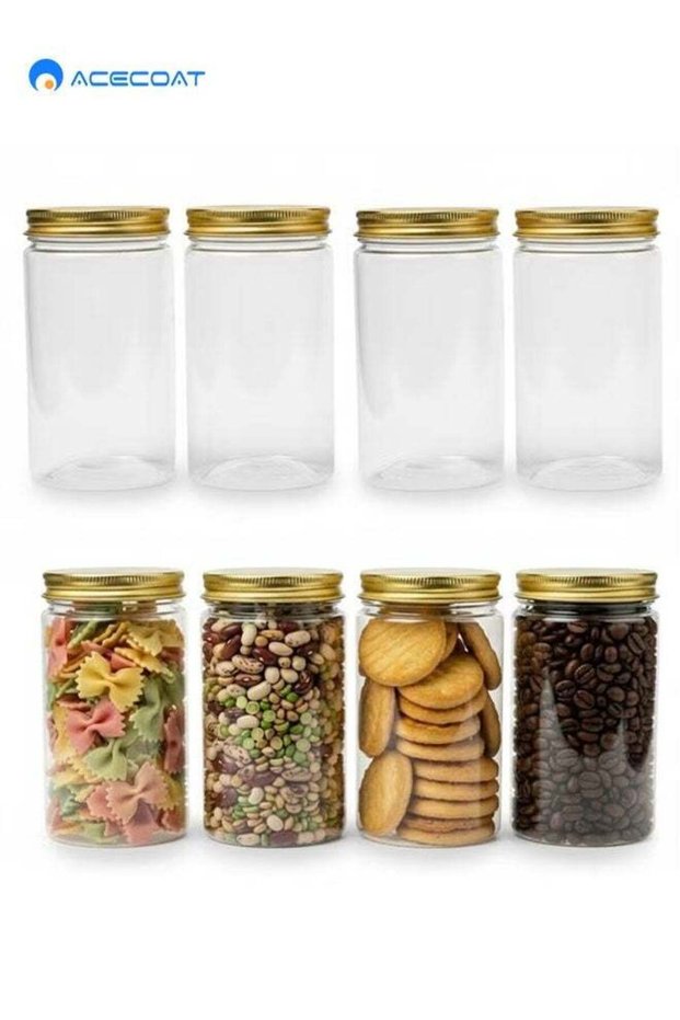 ACECOAT 4 Pack Clear Plastic Jars with Airtight Gold-Colored Lids – 350ml BPA-Free Kitchen Storage C