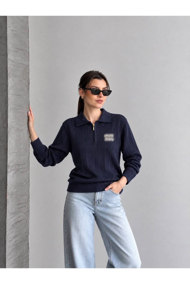 Mi Mu Half-Zip Navy Blue Knitwear Sweater