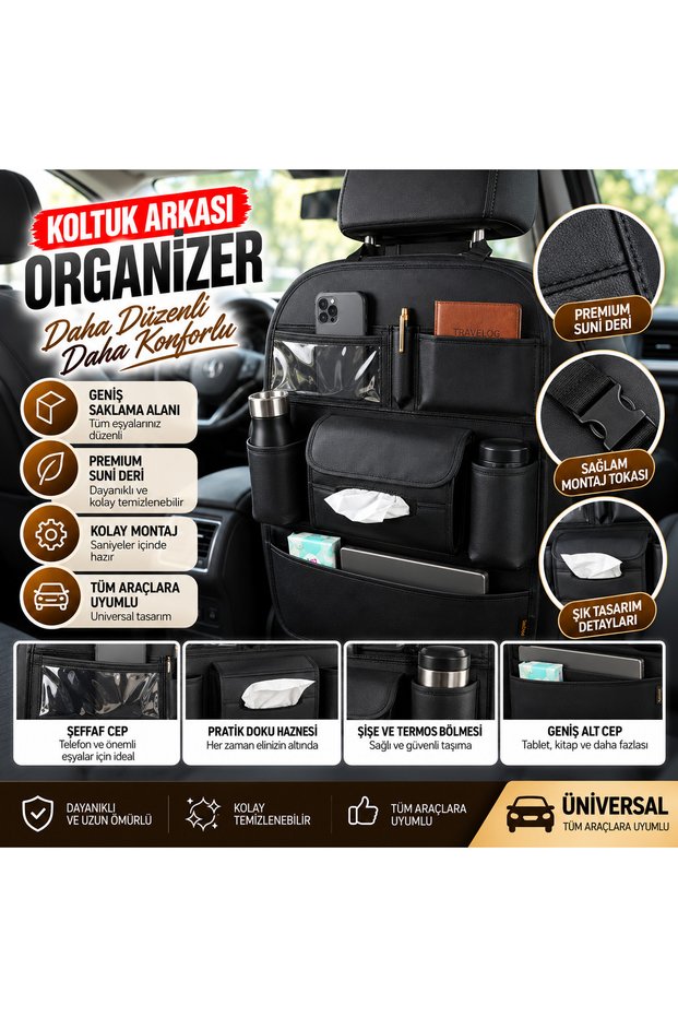 Premium Car Seat Back Organizer Protector Organizer with Leather Pockets Functional In-Car Pocket Black
