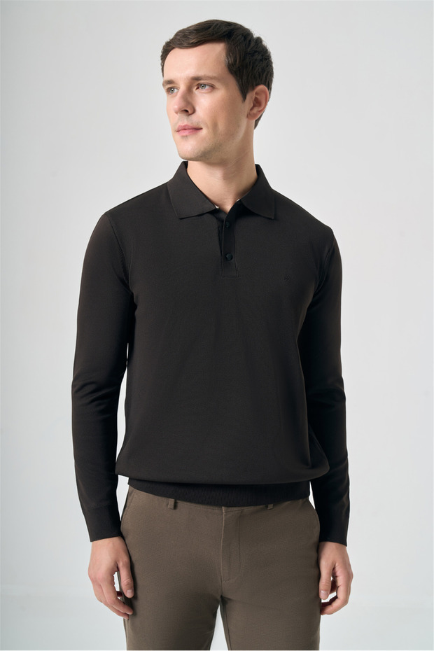 Brown Polo Collar Long Sleeve Knitted Comfort Fit Cotton Sweater 1012265162