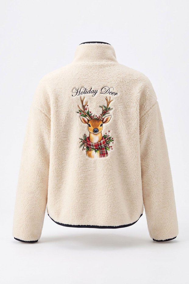 Holiday Printed Zippered Jacket-Cream Cream