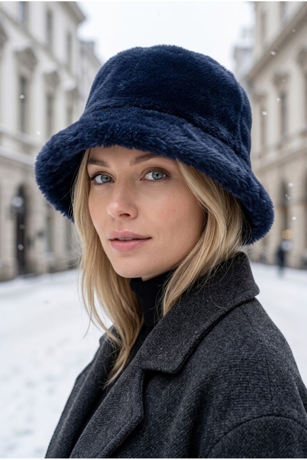 Women's Winter Plush Bucket Hat Soft Furry Hat Navy Blue
