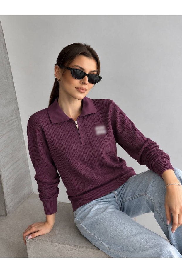 Mi Mu Half-Zip Burgundy Knit Sweater
