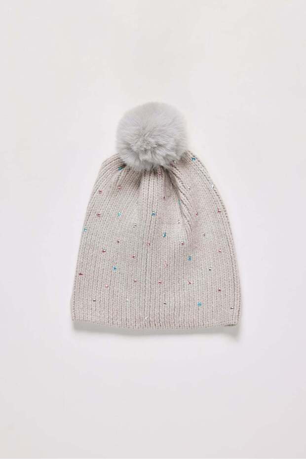 Girl's Colorful Stone Sparkling Pompom Knitted Beanie