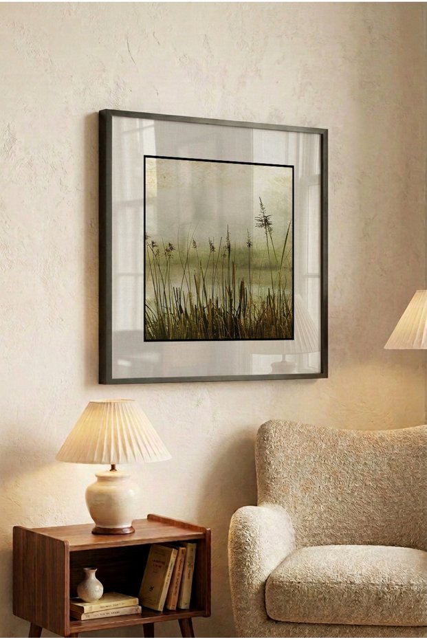 1 Piece Pvc Framed Black Wooden Minimalist Foggy Lake Thatched Cottage Themed Square Wooden Painting - Home, Business and Office Decoration Painting