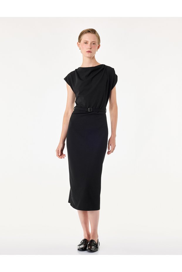 Women Black Plain Cowl Neck Short Sleeves Dress