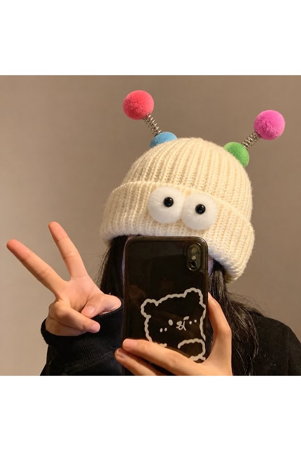 Cream Kawaiii Fun Young Boys Girls Children Eye Detail Colorful Spring Pompom Knitted Beanie Ear-Covering Winter Hat