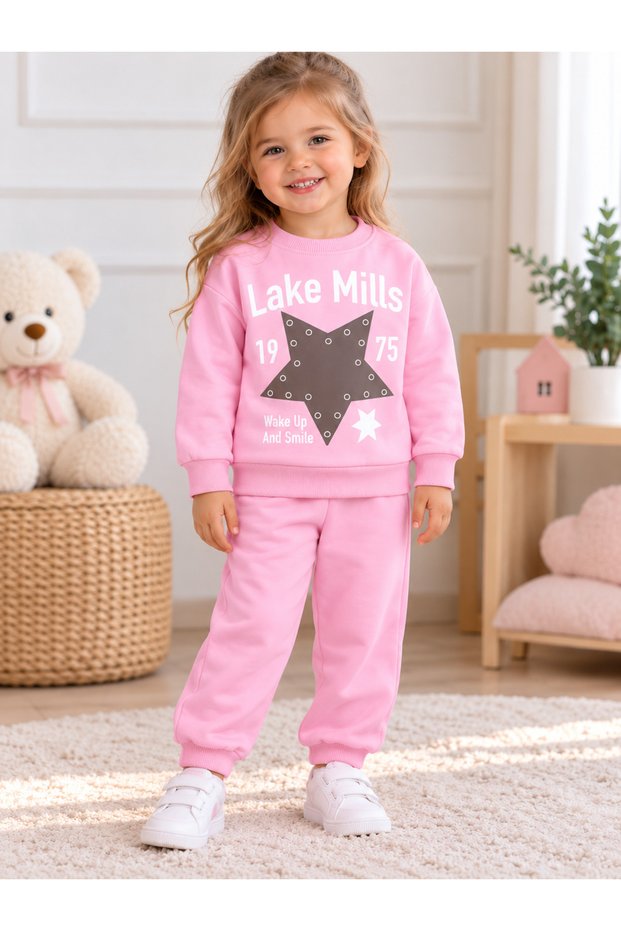 Girl's Star Printed Cotton Sweatshirt and Sweatpants Set