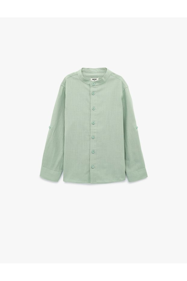 Boys Green Plain Band Collar Long Sleeves Shirt