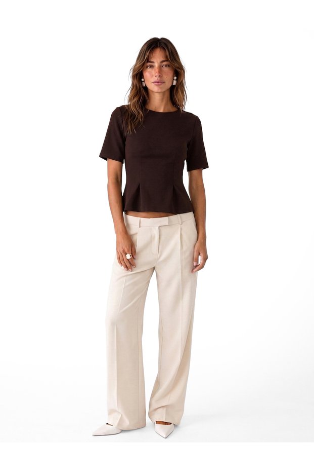 Women Brown Plain Round Neck Short Sleeves Top
