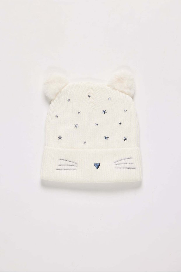 Girl's Knitted Beanie with Ears and Star Stone Detail