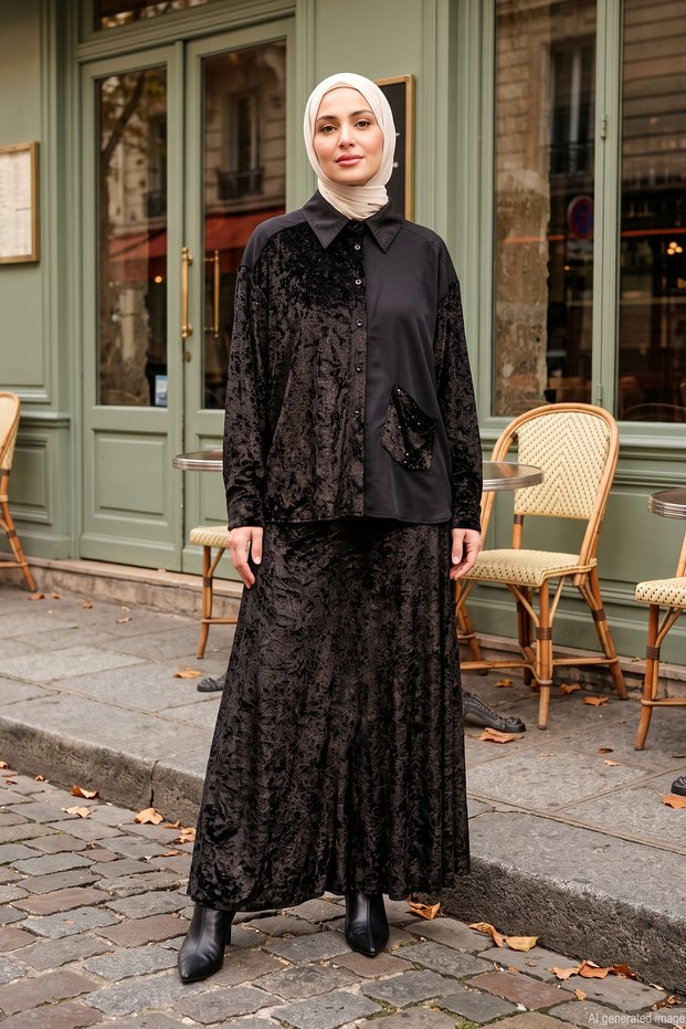 Pocket Detailed Half Patterned Moss Skirt Suit 931 Black