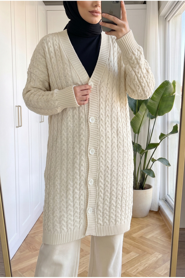 Women's Thessaloniki and Hair Braid Patterned Buttoned Long Knitwear Cardigan 90 cm