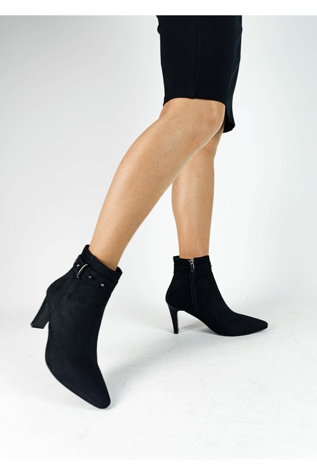 Black Color Suede Zipper Buckle Detailed Women's Thick Heel Boots