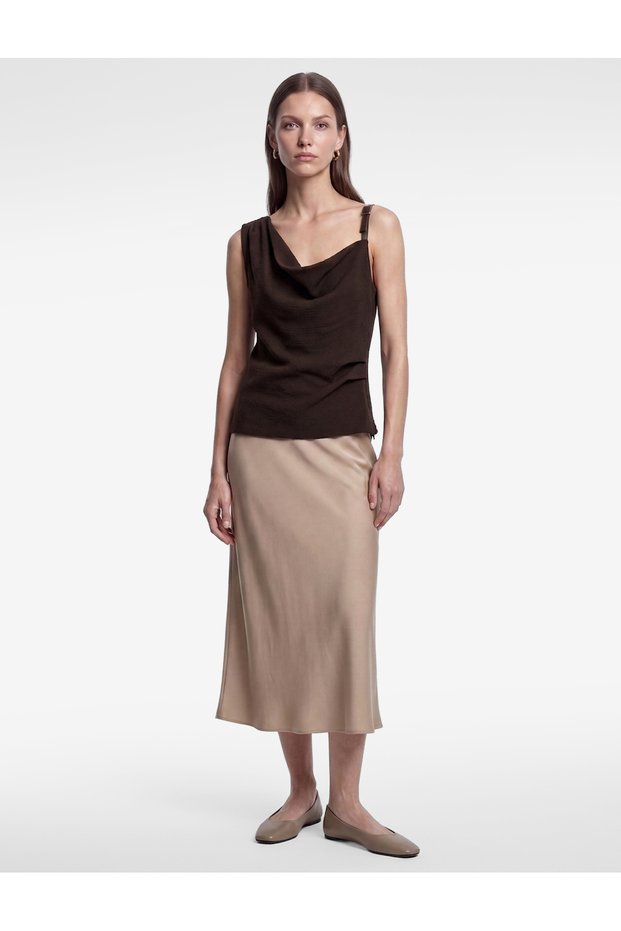Women Brown Plain Cowl Neck Sleeveless Top