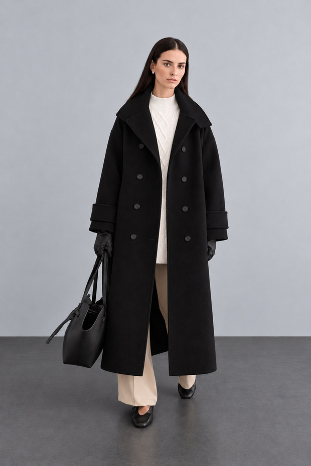 Women's Long Buttoned Stand-Up Collar Trench Coat with Flap Pockets and Side Slits