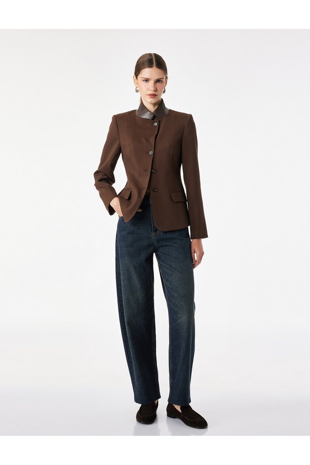 Women Brown Plain High Neck Long Sleeves Jacket