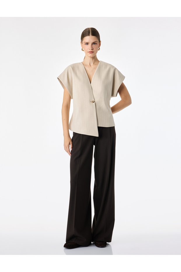 Women Beige Plain V-Neck Short Sleeves Vest