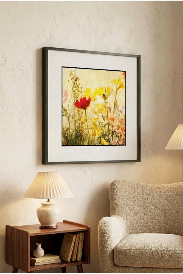 1 Piece Black Wooden Framed Colorful Wildflowers Square Wooden Painting - Home, Business and Office Decoration Painting