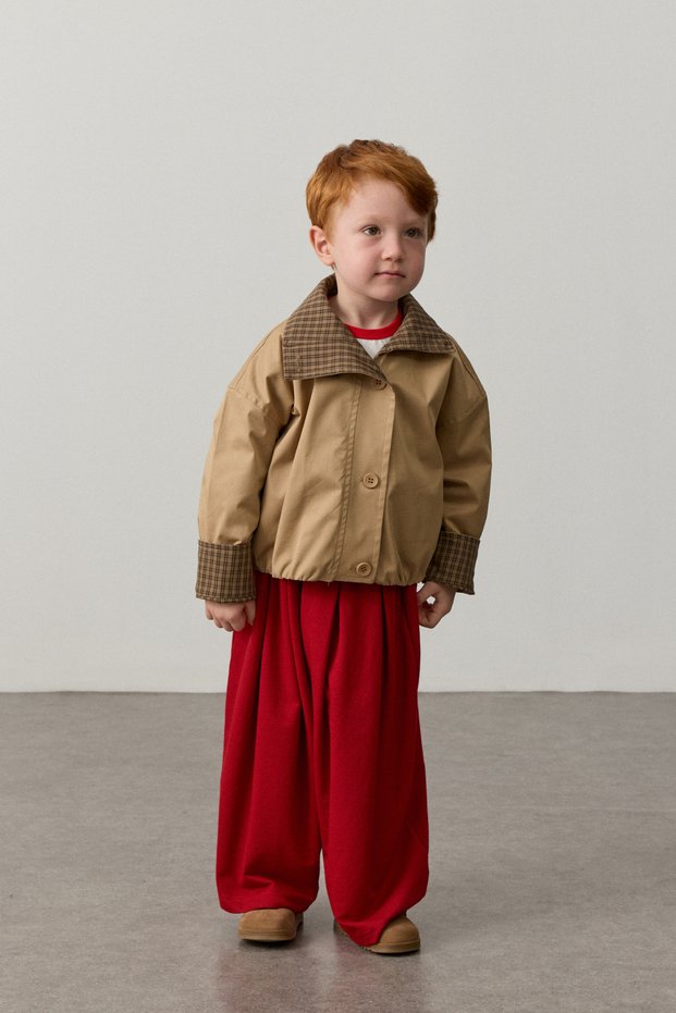 High Collar Plaid Detailed Jacket Camel