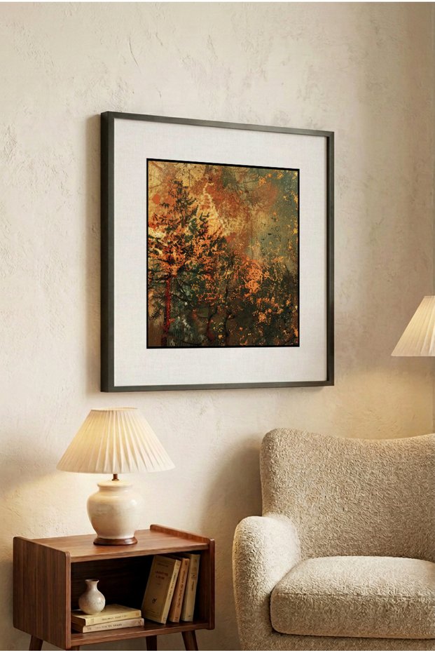 1 Piece Black Wood Framed Minimalist Botanical Concept Square Wooden Painting in Tile and Orange Tones - Home, Business, and Office Decoration Painting