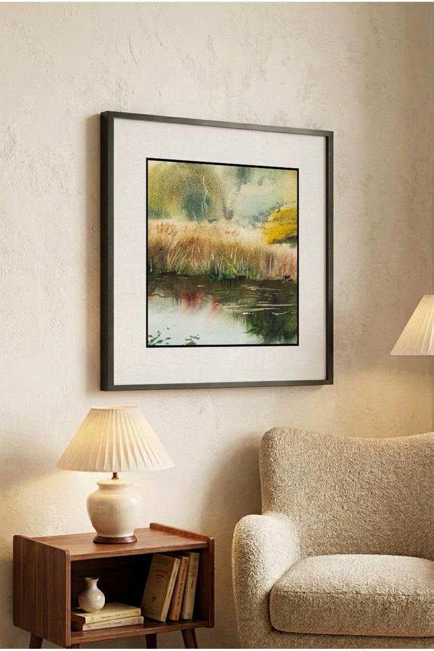 1 Piece Black Wooden Framed Watercolor Lake and Stream View Square Wooden Painting - Home, Business and Office Decoration Painting