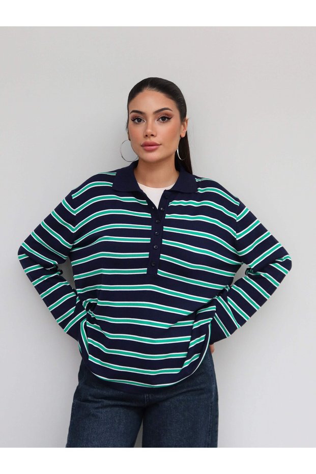 Half Buttoned Striped Knitwear Blouse