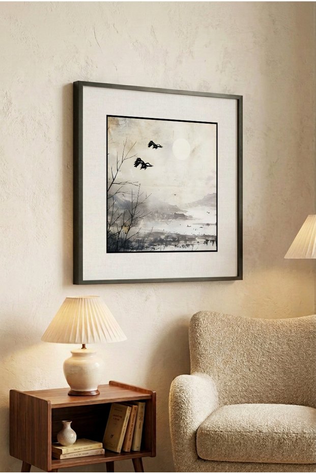 1 Piece Black Wooden Framed Monochrome Flying Birds and Foggy Lake View Square Wooden Painting - Home, Business and Office Decoration Painting