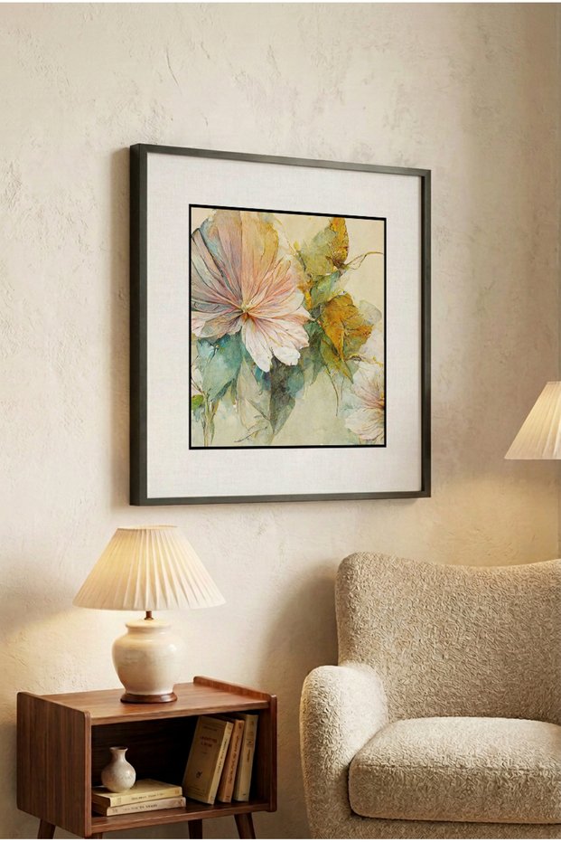 1 Piece Black Wooden Framed Soft Pastel Floral Patterned Square Wooden Painting - Home, Business and Office Decoration Painting