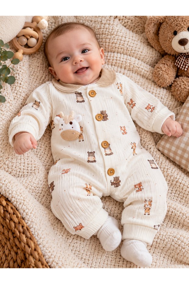 Carmin brand 100% cotton baby boy romper in beige color with giraffe pattern, collared, buttoned from the neck, and snap fastened from the bottom, long sleeve baby romper.