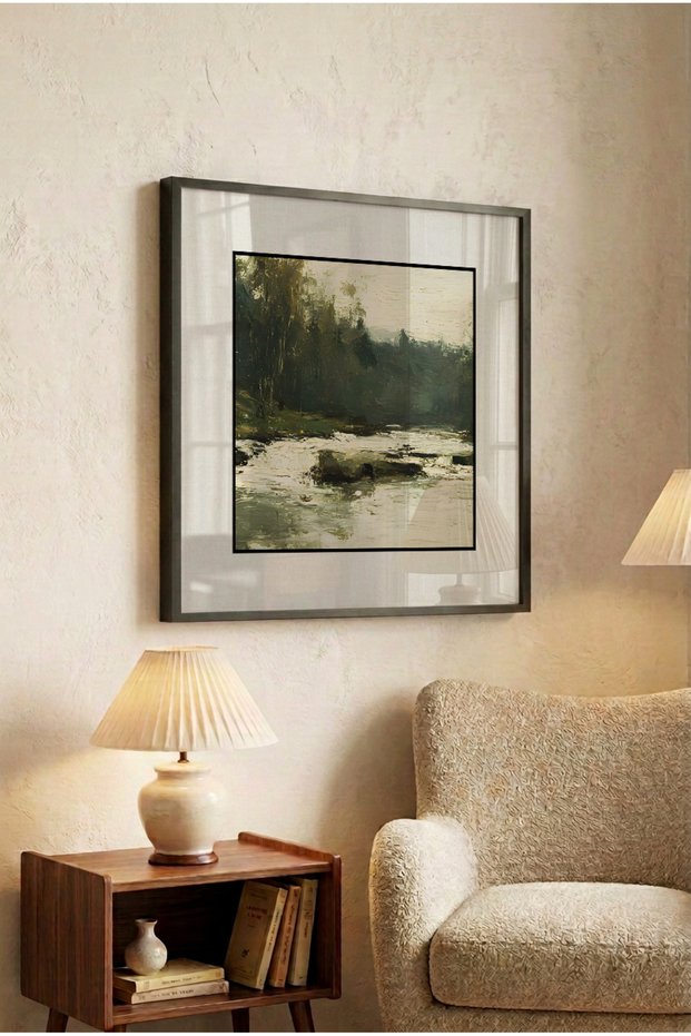 1 Piece Pvc Framed Black Wooden Framed Dark Green Forest and River Themed Square Wooden Painting - Home, Business, and Office Decoration Painting