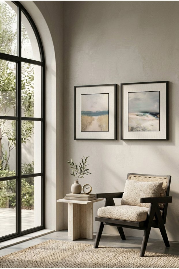 2 Pieces of Black Wooden Framed Abstract Coastal and Sea View Square Wooden Paintings - Home, Business and Office Decoration Painting