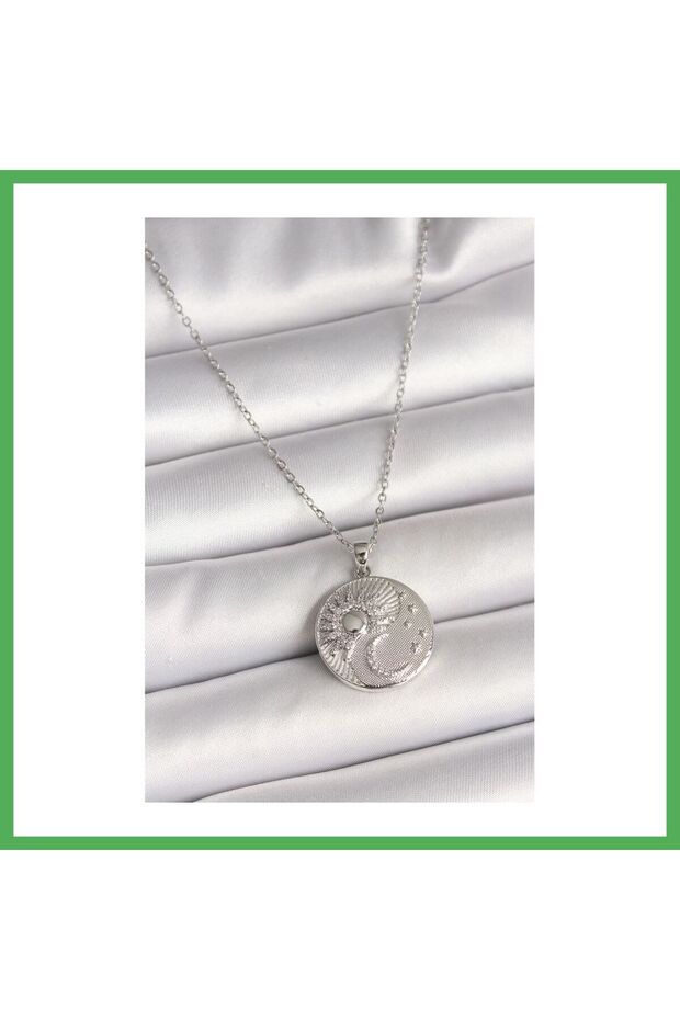 316L Steel Silver Color Chain with Zircon Stone Moon and Sun Engraved Medallion Model Ka Bezoss