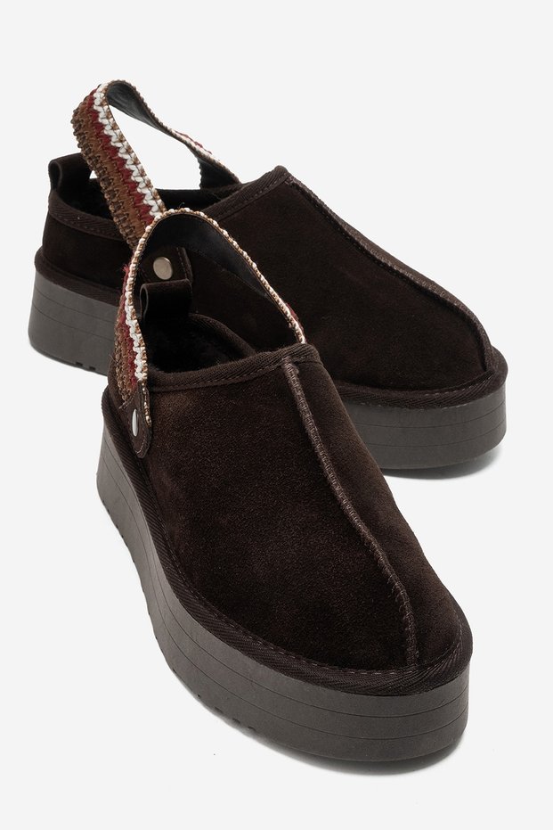 Foly Brown Suede Genuine Leather Women's Fur Slippers