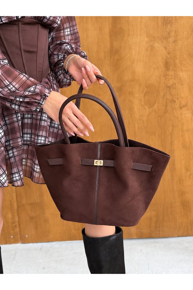 Women's Suede Leather Trendy Stylish Hand and Shoulder Bag with Magnet Closure and Lock Detail (Width: 40 cm - Length: 26 cm - Width: 14 cm)