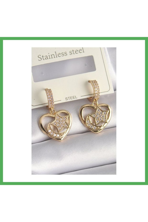 Brass Gold Color Zircon Stone Model Moon Star Engraved Women's Earrings Bezoss