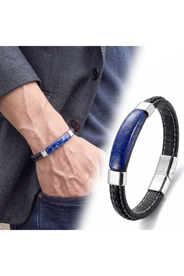💎 Premium Shiny and Stylish Lapis Royal Natural Stone Leather Steel Men's Bracelet 31832B1D16 - 21 cm