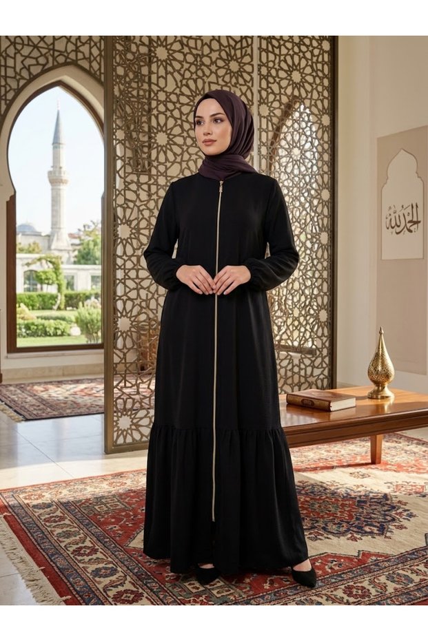 Black Medina Silk Abaya - Tulip Model Abaya with Zipper - Ideal for Hajj and Umrah