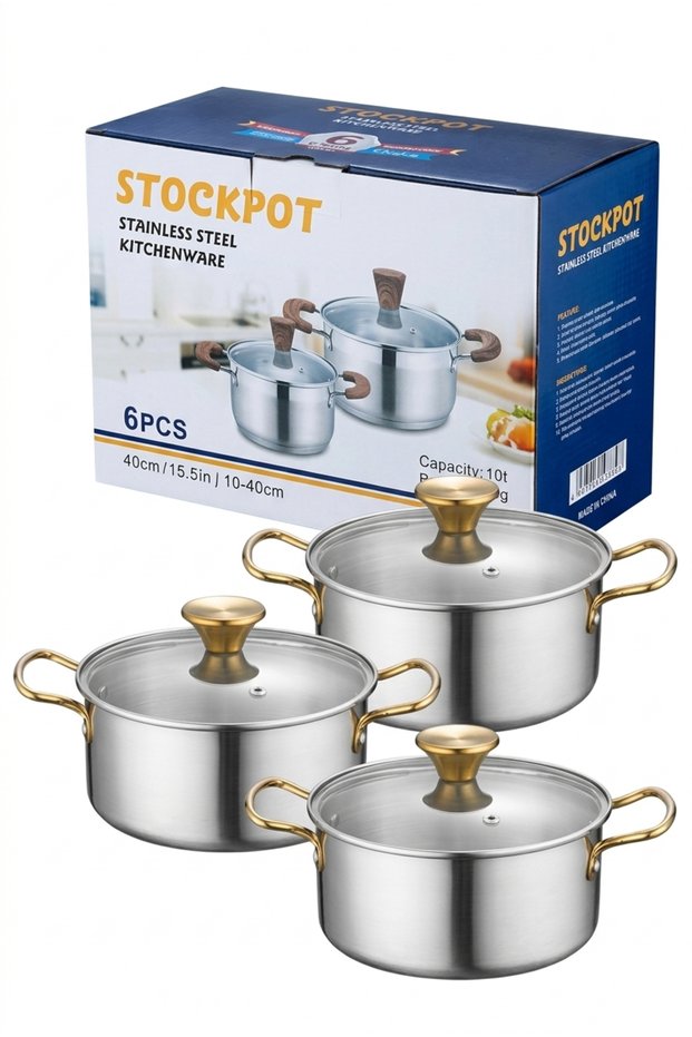 3 Pieces Multi Size Stainless Steel Cooking Pot Kitchenware Set With Glass Lid