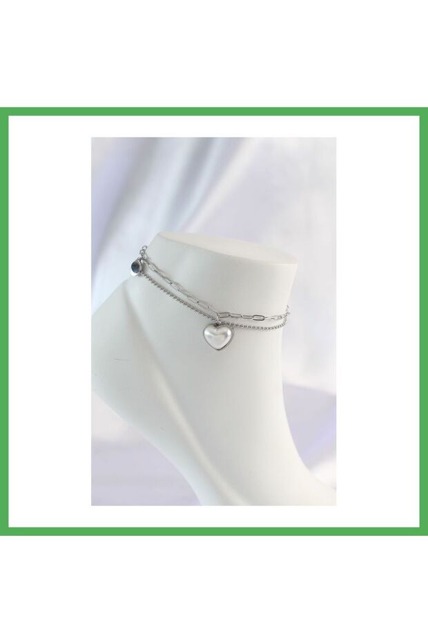 316L Steel Silver Color White Heart Anklet Set of 2 Bezoss