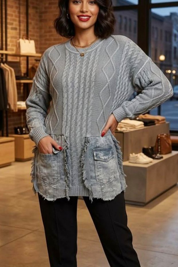 Women's Round Collar Gabardine Fabric Pocket Detailed Vintage Distressed 100% Cotton Knitwear Sweater Tunic