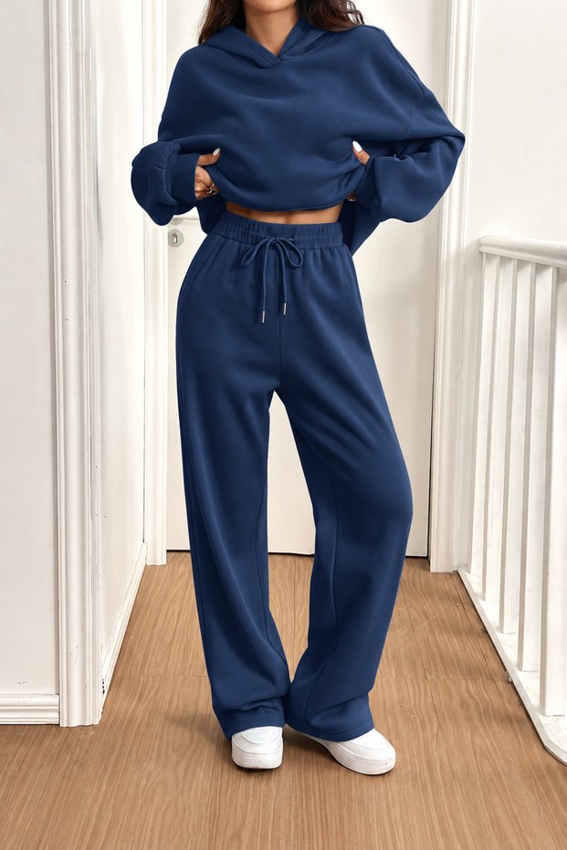 Women's Oversize Hooded Sweatshirt Wide Leg Sweatpants 100% Cotton Ribbed 2-Piece Set