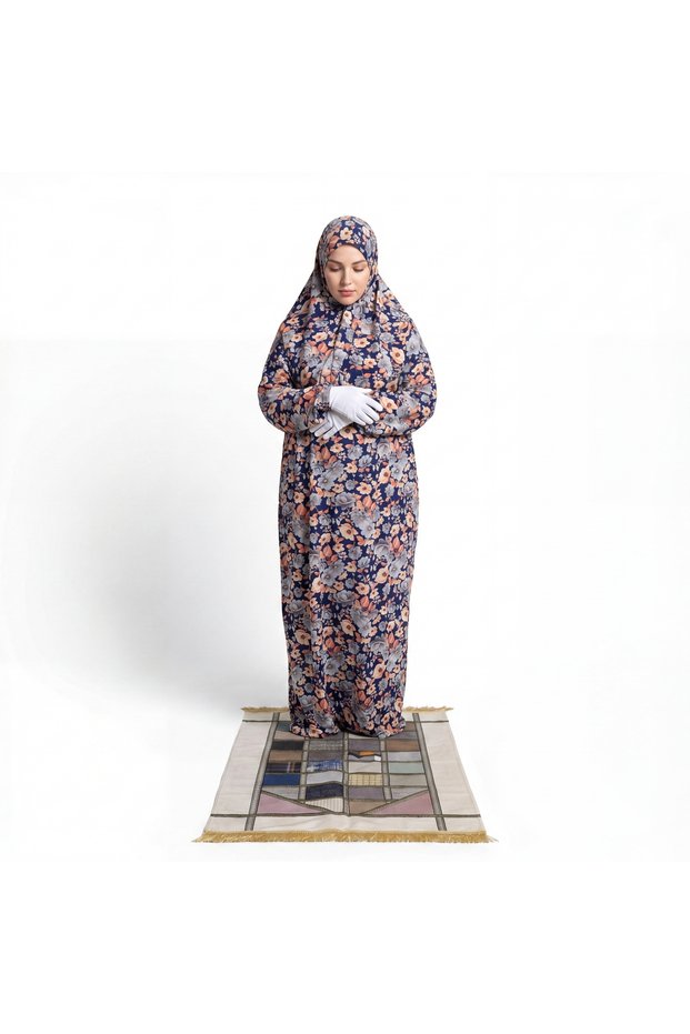Linda Ladies Floral Prayer Dress with Shawl – Blue Printed Islamic Prayer Outfit for Women, Free Size, Polyester Crepe
