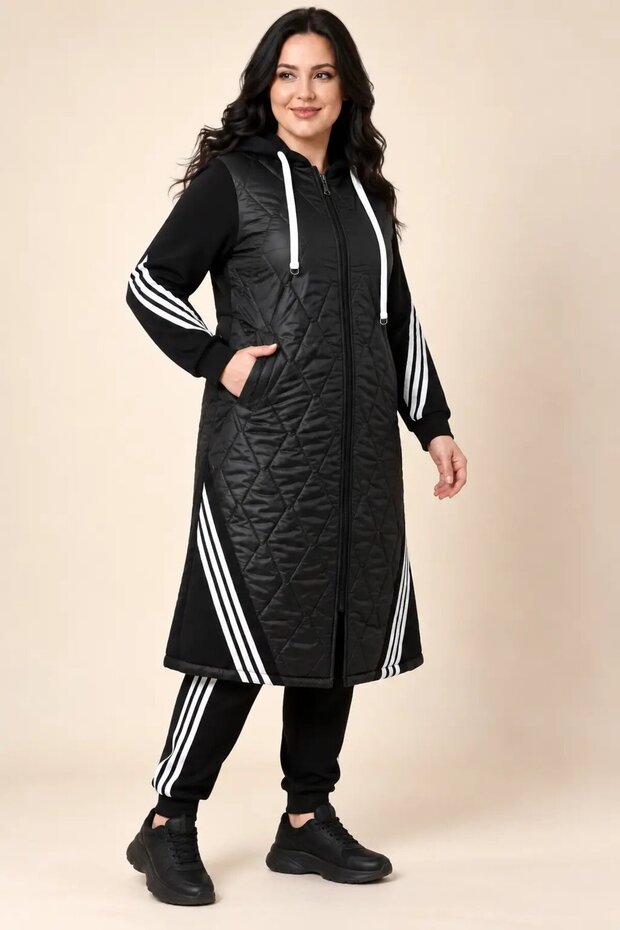 Women's Black Plus Size Hooded Quilted Stripe Detailed Long Vest Hzl28W-Rzb218