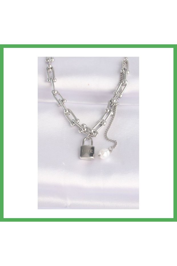 316L Steel Chain Silver Color Chain with Love Written Lock Necklace Bezoss