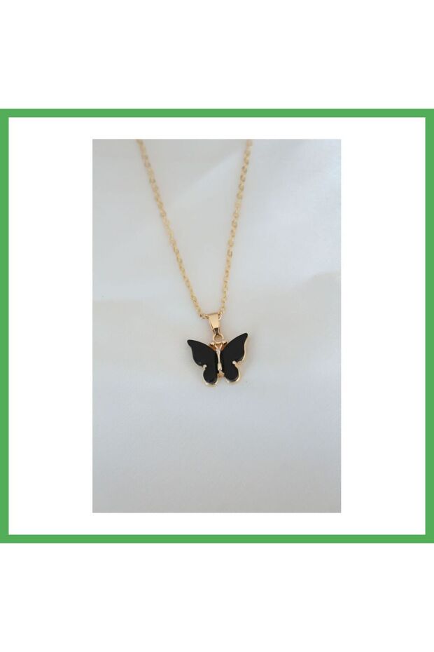 Gold Plated Black Colored Pearlescent Butterfly Necklace Bezoss