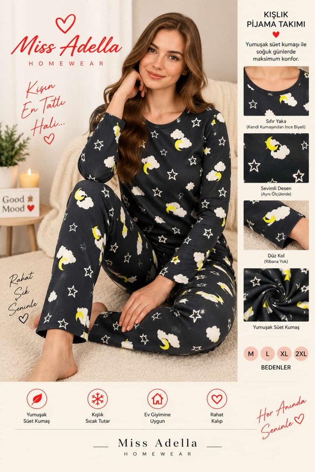 Women's Patterned Suede Pajama Set Long Sleeve Winter Soft Fabric